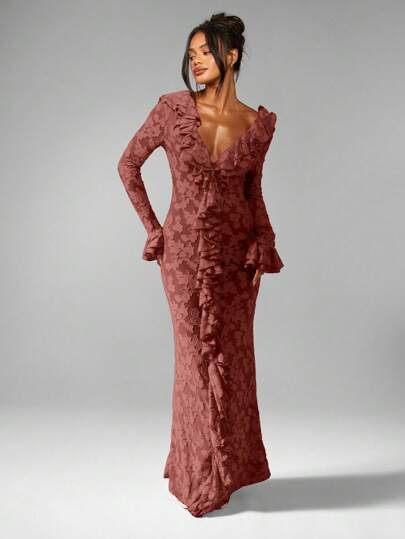 MISSGUIDED Long Sleeve Ruffle Maxi Dress Floral Jacquard Elegant Evening Gown Wedding Guest Formal Occasion Floor Length Special Events Dress Christmas