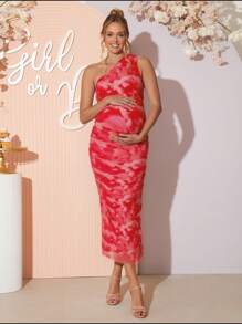 Loomaby Pregnant Women's Tie-Dye Print One-Shoulder Sleeveless Ruffle Bodycon Dress,Gender Reveal Dress,Baby Shower Dress,Maternity Dress