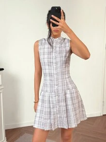 Chiquease 女士夏季格子无袖单排扣褶裥迷你连衣裙 格子连衣裙 女士纽扣衬衫裙 无袖衬衫裙 夏季连衣裙 清爽格子季装 大学校园 - 卡其色 - 查看 1