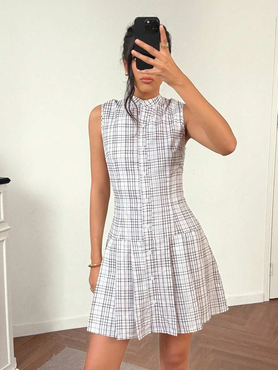 Chiquease 女士夏季格子无袖单排扣褶裥迷你连衣裙 格子连衣裙 女士纽扣衬衫裙 无袖衬衫裙 夏季连衣裙 清爽格子季装 大学校园 - 卡其色 - 查看 1