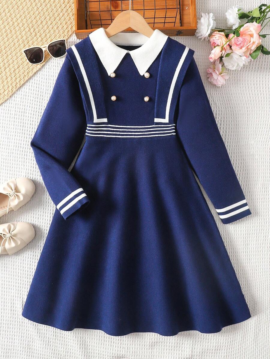 SHEIN Tween Girl Long Sleeve Collared Fitted Casual Sweater Dress,In Fall/Winter - Navy Blue - View 1