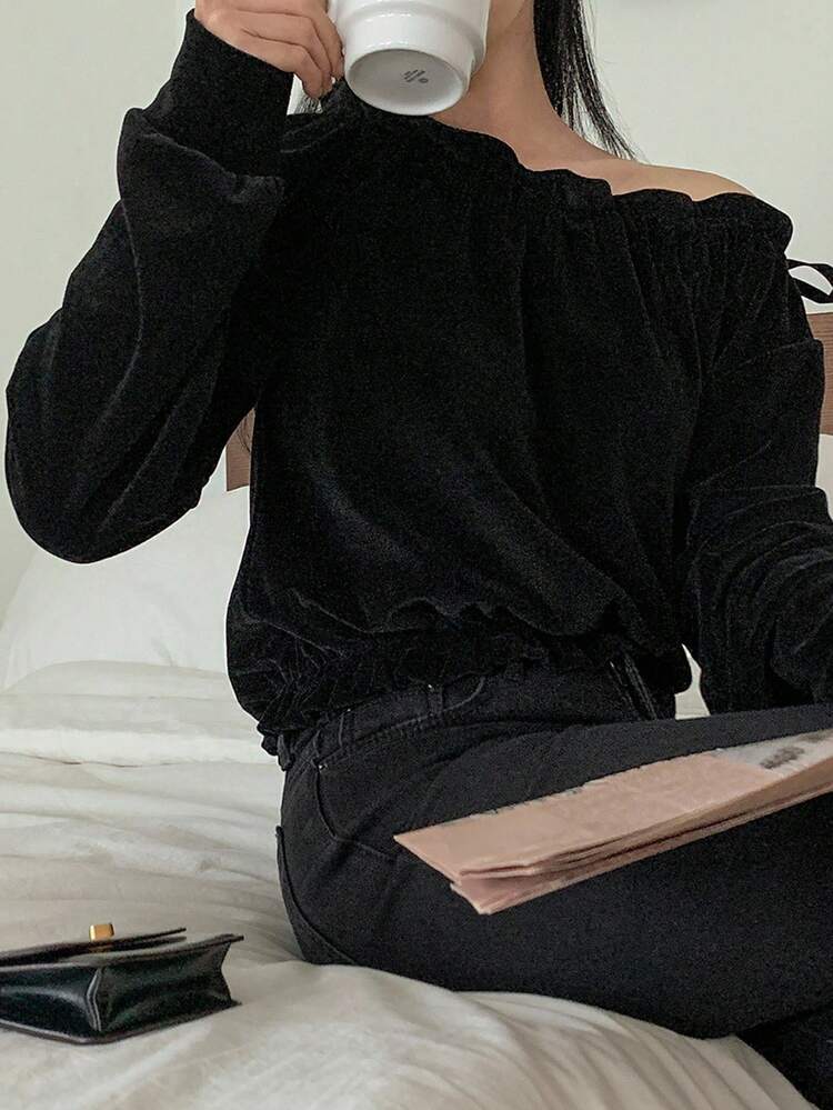 Vintage Casual Asymmetrical Shoulder Velvet Top With Design Autumn Long Sleeve Top