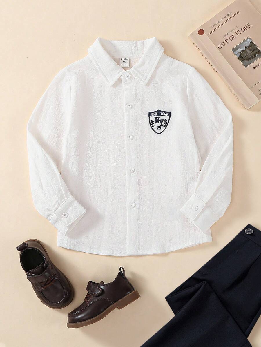 SHEIN Explorewe Áo sơ mi trắng cho bé trai năm 2025, kiểu dáng học đường và thể thao sành điệu cho mùa thu/đông. - trắng - Xem 1