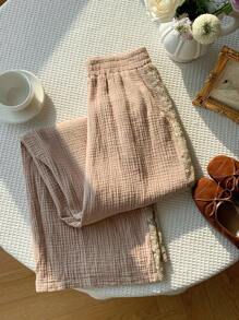 Comfortcana 女士休闲卡其色蕾丝拼接阔腿裤 - 卡其色 - 查看 6