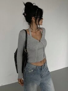 DAZY 2件套女士开衫和挂脖针织上衣套装秋季 - 灰色 - 查看 3