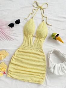 Soleia Vestido Mini Texturizado Decotado Nas Costas Cor Sólida, Ideal para Férias - Luz amarela - Visão 6