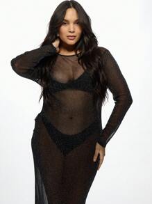 MISSGUIDED PLUS Sheer Mesh Glitter Maxi Cover Up Long Sleeve Plus Size Party Evening Dress Overlay See Through Sparkle Club Gown Beach Resort Wear - Black - View 3
