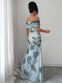 Modelyn Women's Mesh Printed Off-Shoulder Ruffle Summer Casual Dress - Blue - View 2