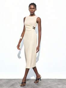 Maija 女式无袖系带中长连衣裙，修身廓形，适合城市通勤、商务、休闲装，优雅适合圣诞节、万圣节、派对、婚礼宾客 - 杏色 - 查看 5