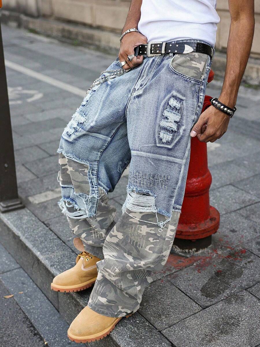 Manfinity Roghcode Casual Distressed Camouflage Patchwork Wide Leg Loose Fit Jeans, American Streetwear Style Baggy Ripped Jeans Men Camo Jeans Men Streetwear Jeans - Blue - View 1