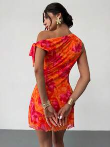 Firerie 女式新款露肩性感优雅节日迷你连衣裙，网眼碎花连衣裙，不对称领口连衣裙，春夏，沙滩装，优雅，性感，节日，海滩，夏威夷，约会，派对，音乐节，毕业礼服，舞会 - 橘色 - 查看 3