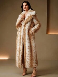 Anewsta Manteau long élégant et luxueux pour femmes avec col en fausse fourrure imprimé léopard, blocs de couleurs, hiver - Multicolore - Voir 7