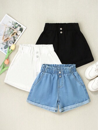 Denimly Women's 3 PiecesDenim Shorts Set, Summer New Arrivals, Elastic Waist, Zipper Closure, Rolled Hem Design, Versatile Denim Shorts