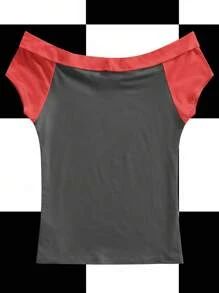 Studio Chunk Women's Off Shoulder Fitted Short Sleeve T-Shirt, Grey, Red, Color Block, Flame, Star, Splatter, Lips, Vampire, Silhouette, Sexy, Dark, Halloween, Hottie, Street Style, Y2K, Casual, Suitable For Autumn/Winter, Parties, Clubs, Daily Wear Punk Tops Clubbing Tops Basic Tops - Grey - View 2