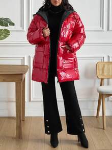 EURMUSE Plus 休闲闪亮红色高品质特殊面料连帽羽绒冬季外套 - 紅色 - 查看 5