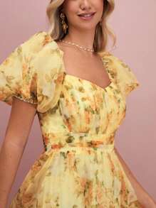 Enchnt Fall/Winter Romantic Women's Sunshine Yellow Floral Print Sweetheart Neck Puff Sleeve Princess Maxi Dress - Yellow - View 2