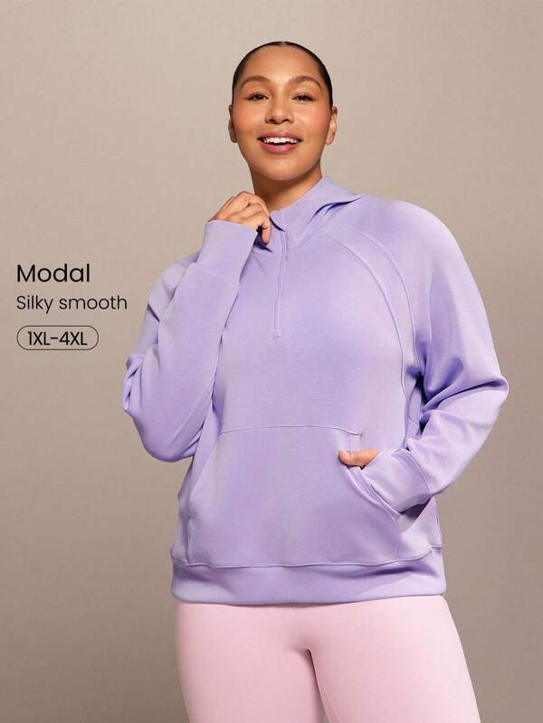 GLOWMODE Modal Plus Size Silky-Smooth Oversized Long Sleeve Half-Zip Pocket Thumbholes Hoodie Sweatshirt Daily Casual