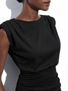 Maija Solid Shoulder Pad Ruched Waist Fitted Dress Workwear,Autumn Outfits For Women - Black - View 7