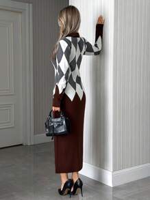 EURMUSE NAVY & WHITE ARGYLE PATTERNED LONG-SLEEVE SLIM FIT POLO COLLAR KNIT DRESS WOMEN'S WEAR,Petite - Brown - View 2