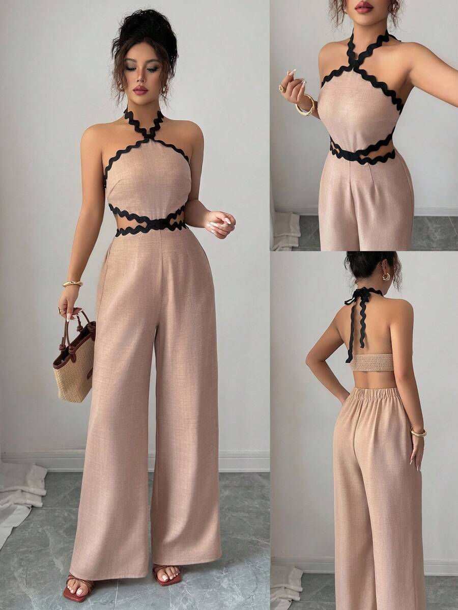 Rafferiza Women's Elegant Wave Strap Halter Hollow Out Waist Wide Leg Sleeveless Jumpsuit