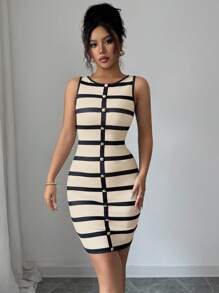 Elenzga Women's Striped Round Neck Single-Breasted Sleeveless Fitted Mini Dress