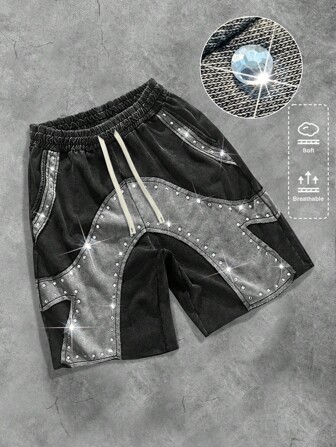 Street Life Pantaloncini casual da uomo con vita elastica, coulisse e decorazione in strass a contrasto