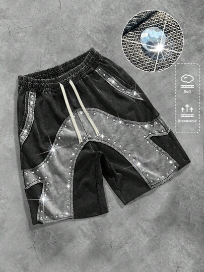 Street Life Shorts casuales de hombre de cintura elástica con cordón, diseño de contraste de color y decoración de rhinestones