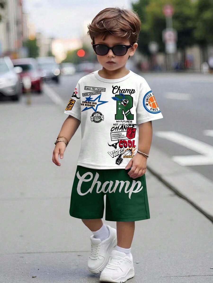 SHEIN 2pcs/Set Young Boy Casual Minimalist Short Sleeve T-Shirt And Shorts Set, Suitable For Summer