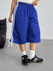 POPSWAY Quần short Bermuda dệt kim buộc dây màu đen phong cách đường phố dành cho nữ cỡ lớn, mùa xuân/hè - Xanh đậm - Xem 4