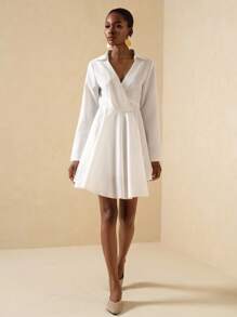 Lyxana Vestido Longo de Manga Comprida com Gola e Recortes em Cores Sólidas, Modelo Evasê para Mulheres - Branco - Visão 4