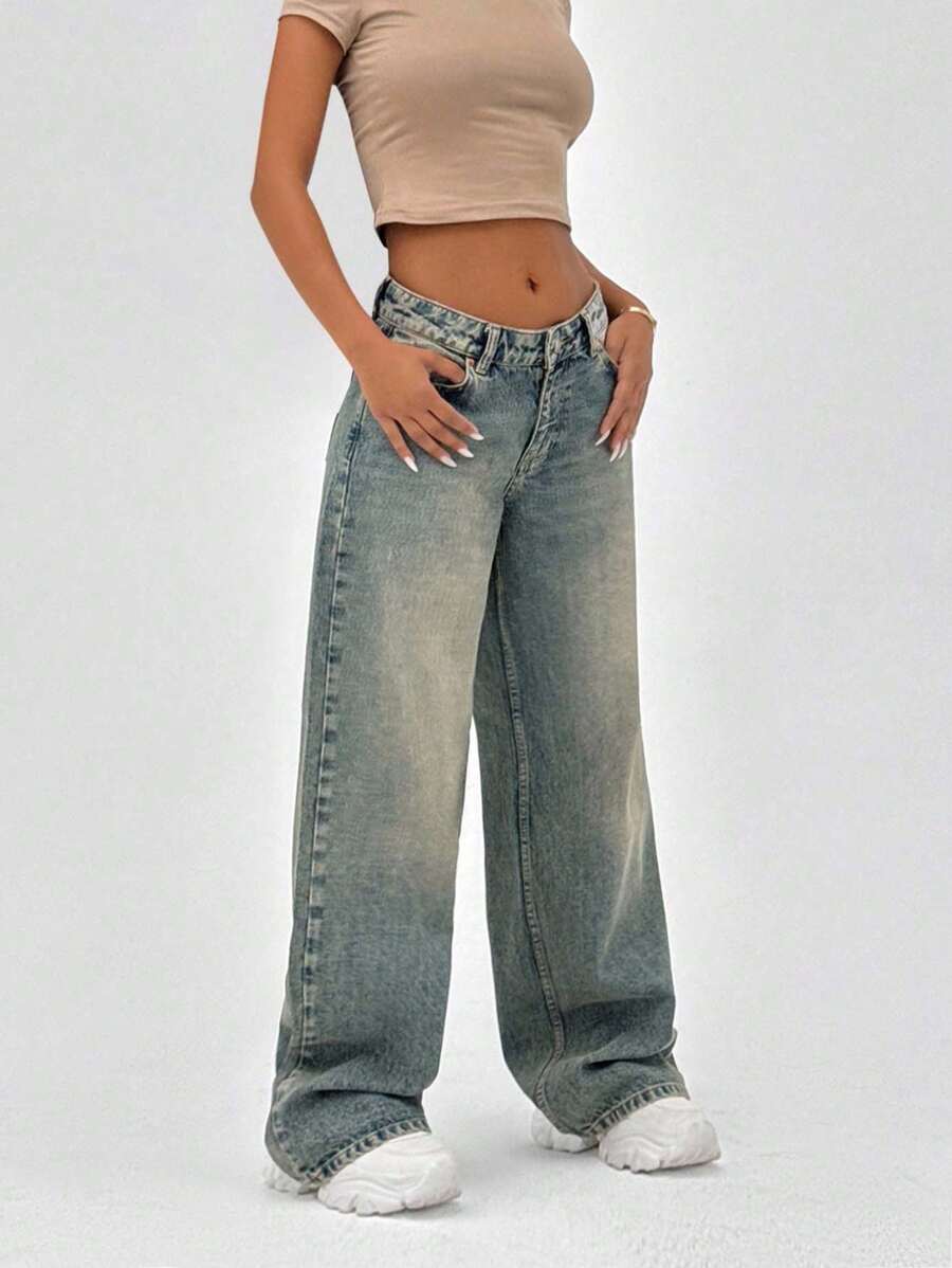 EURMUSE 100% Cotton LOW RISE WIDELEG CUT VINTAGE WASH Y2K BAGGY JEANS PETITE - Medium Wash - View 1