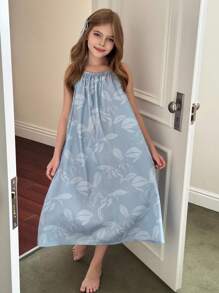 Hapijoa Tween Girl Comfortable Leaf Print Loose Camisole Nightgown, Summer - Blue - View 1