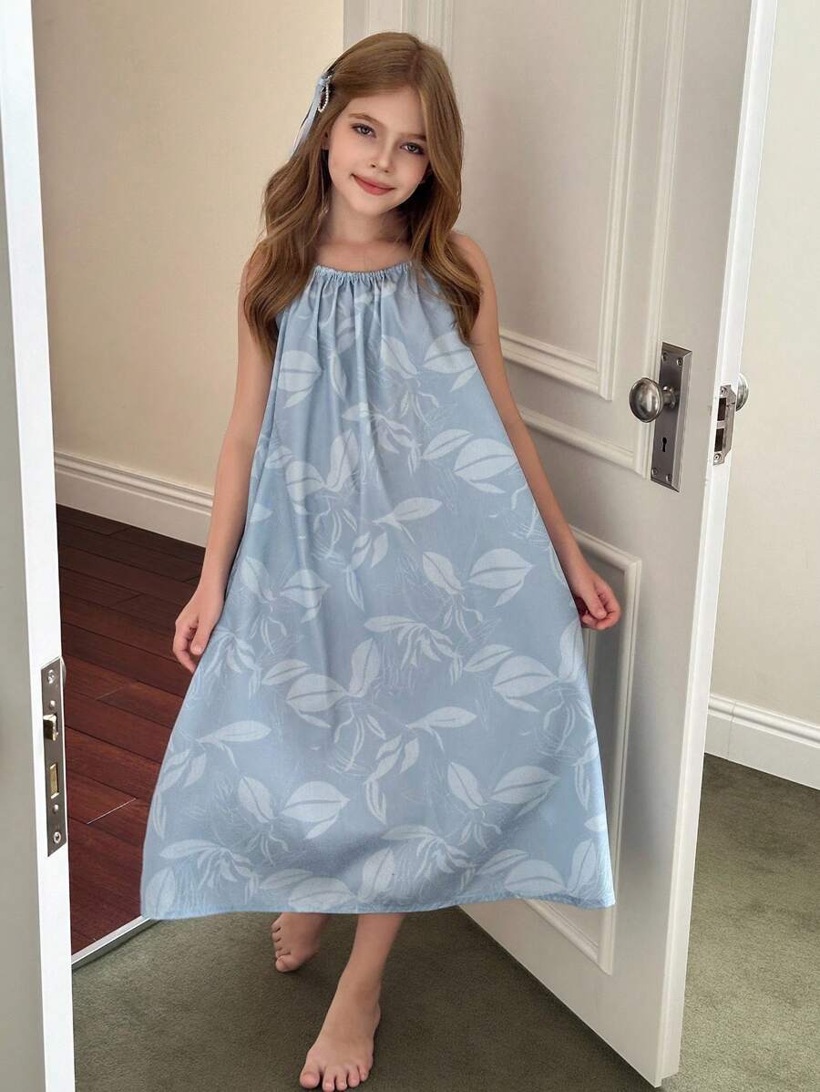 Hapijoa Tween Girl Comfortable Leaf Print Loose Camisole Nightgown, Summer - Blue - View 1