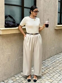 Dripcurv Plus Size Women Boho Casual Minimalist Color Block Knitted Top, Spring New Arrival, For Summer - Beige - View 5