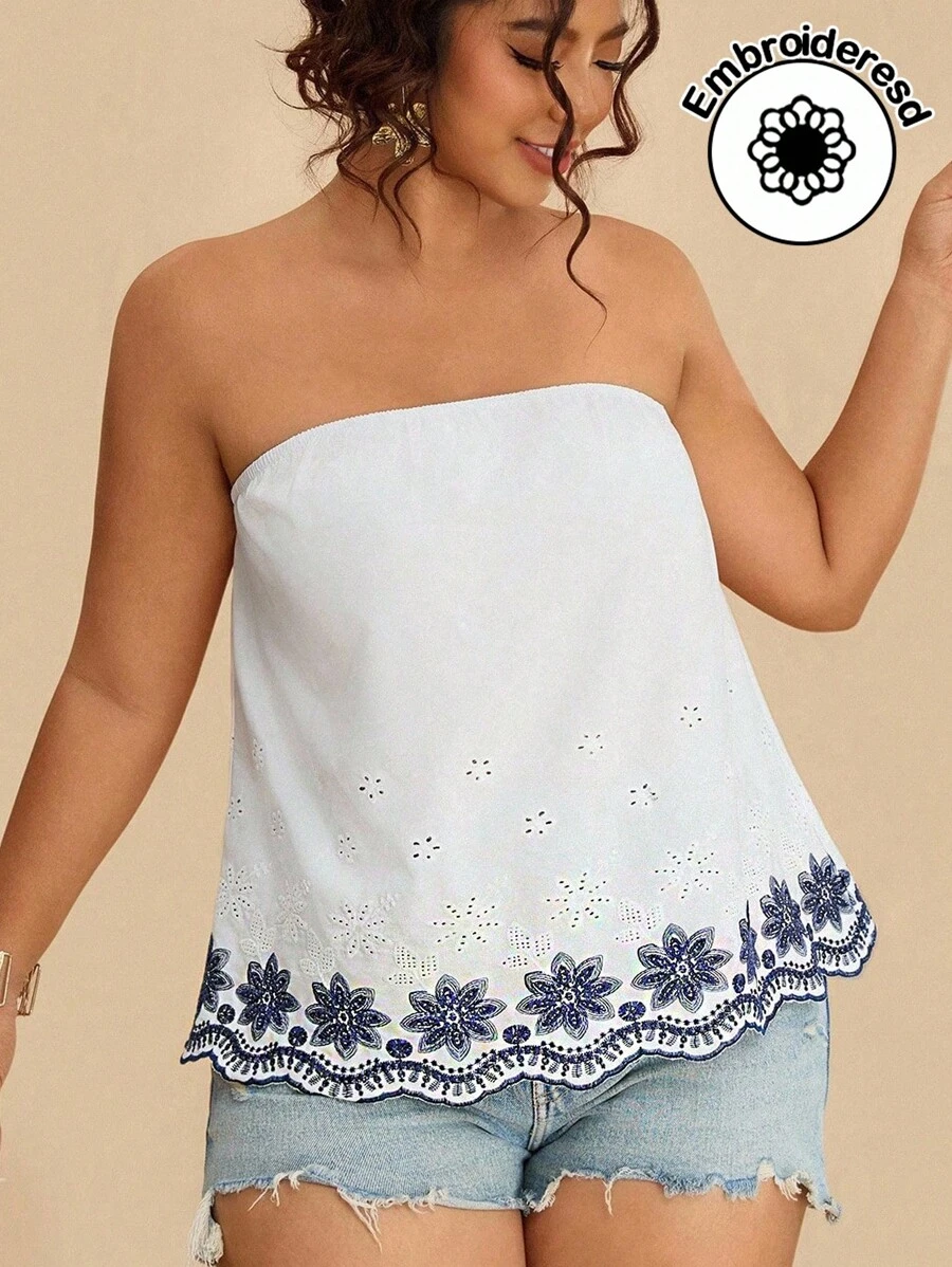 Travachic Top tubinho plus size feminino com bordado floral azul e branco, casual, solto, praia/resort, estilo boêmio havaiano