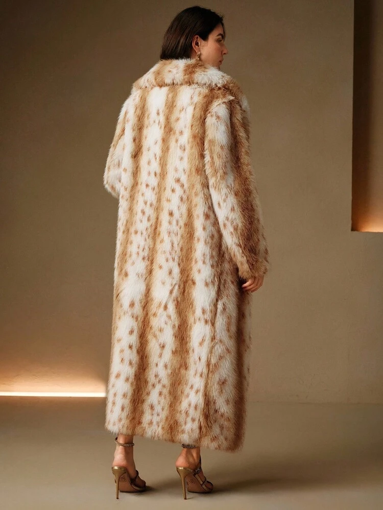 レディース エレガントラグジュアリー ヒョウ柄 フェイクファー襟 ロングコート、カラーブロック、冬用