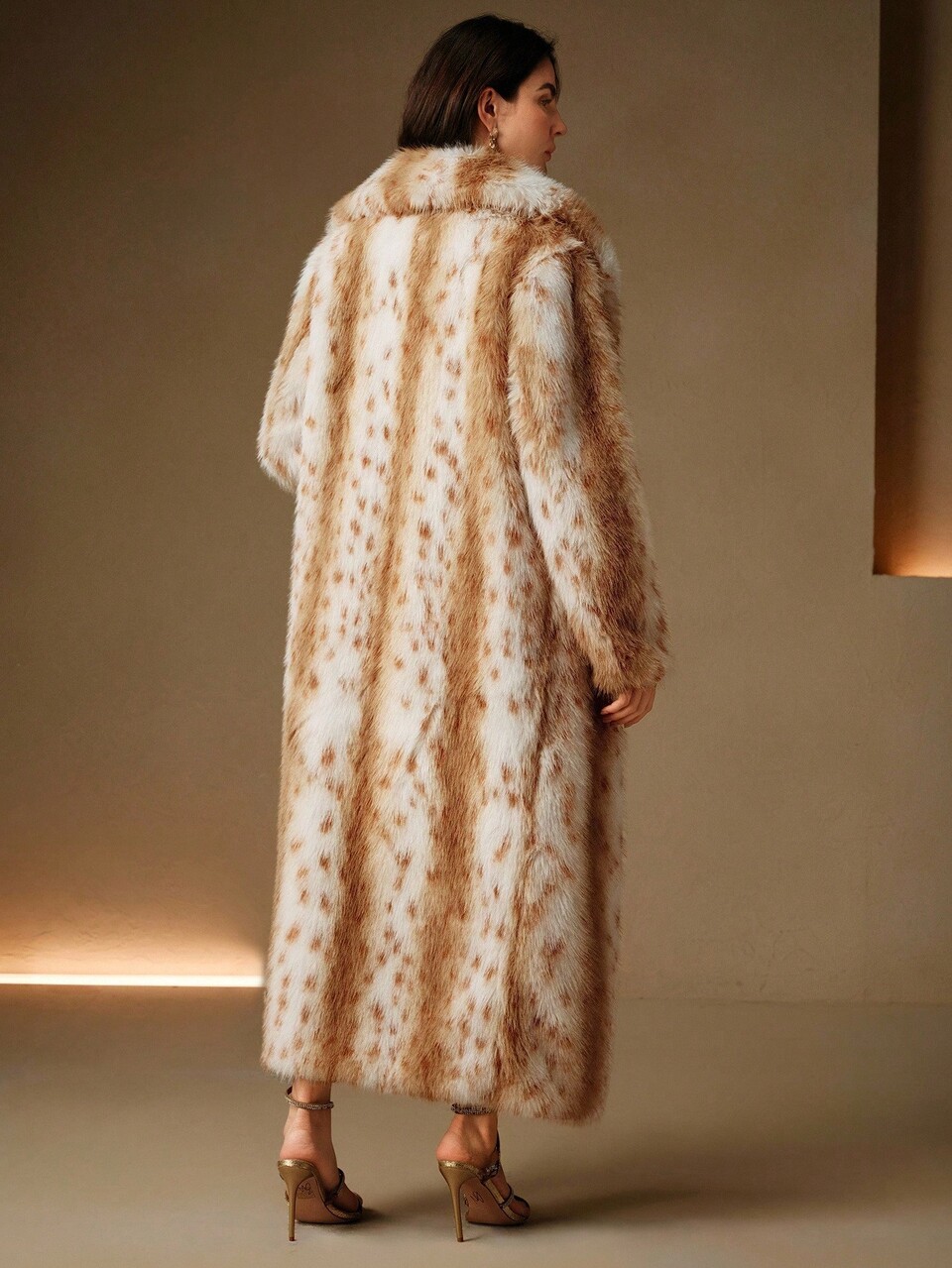 Women's Elegant Luxury Leopard Print Faux Fur Collar Long Coat, Colorblock, Winter
