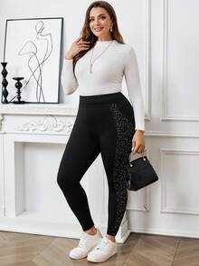 EMERY ROSE Leggings casuales de talle alto y estampado brillante para mujer de talla grande