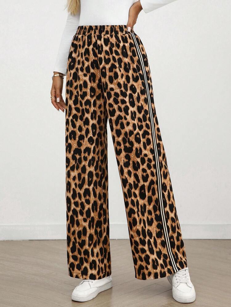 Women's Elastic Waist Leopard Print Side Stripe Wide Leg Loose Pants Leopard Print Pants Wide Leg Pants Pants With Side Stripe Leopard Pants Pants For Women Fall Clothes For Women Casual Women Outfits