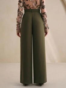 Anewsta 女士优雅高贵百搭飘逸阔腿裤，雪纺垂坠设计，配腰带，商务休闲办公女装 - 軍綠色 - 查看 7