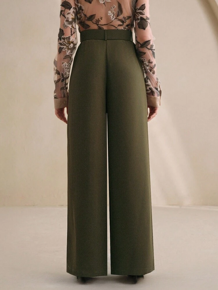 Anewsta レディース エレガントで品格のある 多用途 フローイング ワイドレッグパンツ、シフォンドレープ ベルト付き、ビジネスカジュアル オフィスウェア