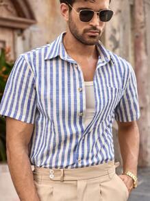 Manfinity VCAY 男士休闲梭织条纹修身短袖衬衫，适合日常穿着，男装，基础款，蓝色衬衫，蓝色衬衫男士蓝色条纹衬衫男士夏季衬衫男士条纹衬衫男士度假装男士短袖衬衫