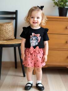 寶寶女孩貓印花荷葉邊t恤和心形印花蝴蝶結前短褲 - 彩色 - 查看 3