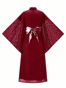 Irokai 女士时尚印花长款浴衣 - 酒紅色 - 查看 2