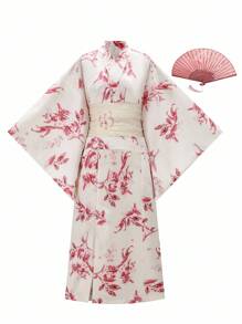 Irokai Elegant Vintage Japanese Floral Print Yukata - Pink - View 1