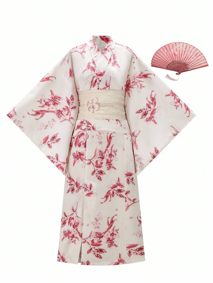 Irokai Elegant Vintage Japanese Floral Print Yukata - Pink - View 1