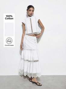 Maija 2025 Summer New Lace Patchwork Sheer Casual Top, Music Festival Beach Vacation Everyday City Vacation Suitable For Outdoor Gathering, Wedding Guest, Retirement Celebration, Graduation Season, Elegant Attire For Ladies - White - View 6