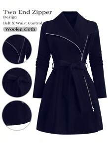 SHEIN LUNE Plus Size Casual Solid Color Jacket, Autumn/Winter Fall Cloth For Women - Navy Blue - View 1