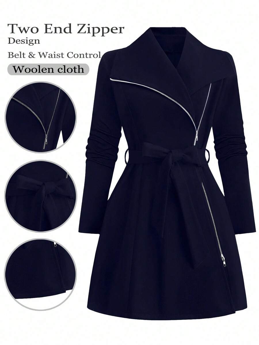 SHEIN LUNE Plus Size Casual Solid Color Jacket, Autumn/Winter Fall Cloth For Women - Navy Blue - View 1