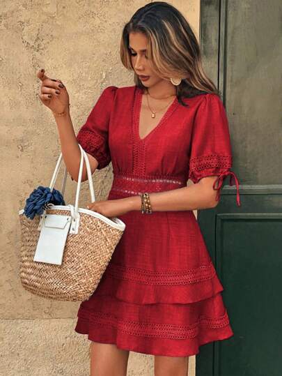 Breezaya Women's Summer Vacation Casual Solid Color Lace Trim Dress